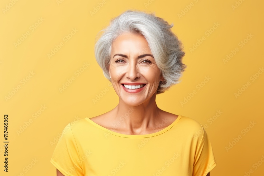 Portrait of smiling senior woman in yellow t-shirt over yellow background