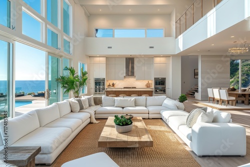 Modern living room interior design in a coastal style property. Generative Ai. © Planum