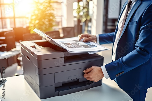 Businessman print paper on a multifunction laser printer in business office. Document and paperwork. Secretary work. Copy, print, scan, and fax machine. Print technology. Photocopy photo