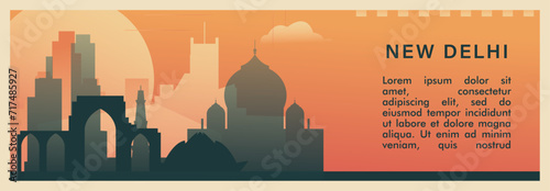New Delhi city brutalism vector banner with skyline, cityscape. India capital retro horizontal illustration, travel layout for web presentation, header, footer