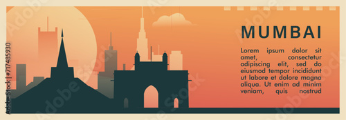 Mumbai city brutalism vector banner with skyline, cityscape. India, Maharashtra state retro horizontal illustration, travel layout for web presentation, header, footer