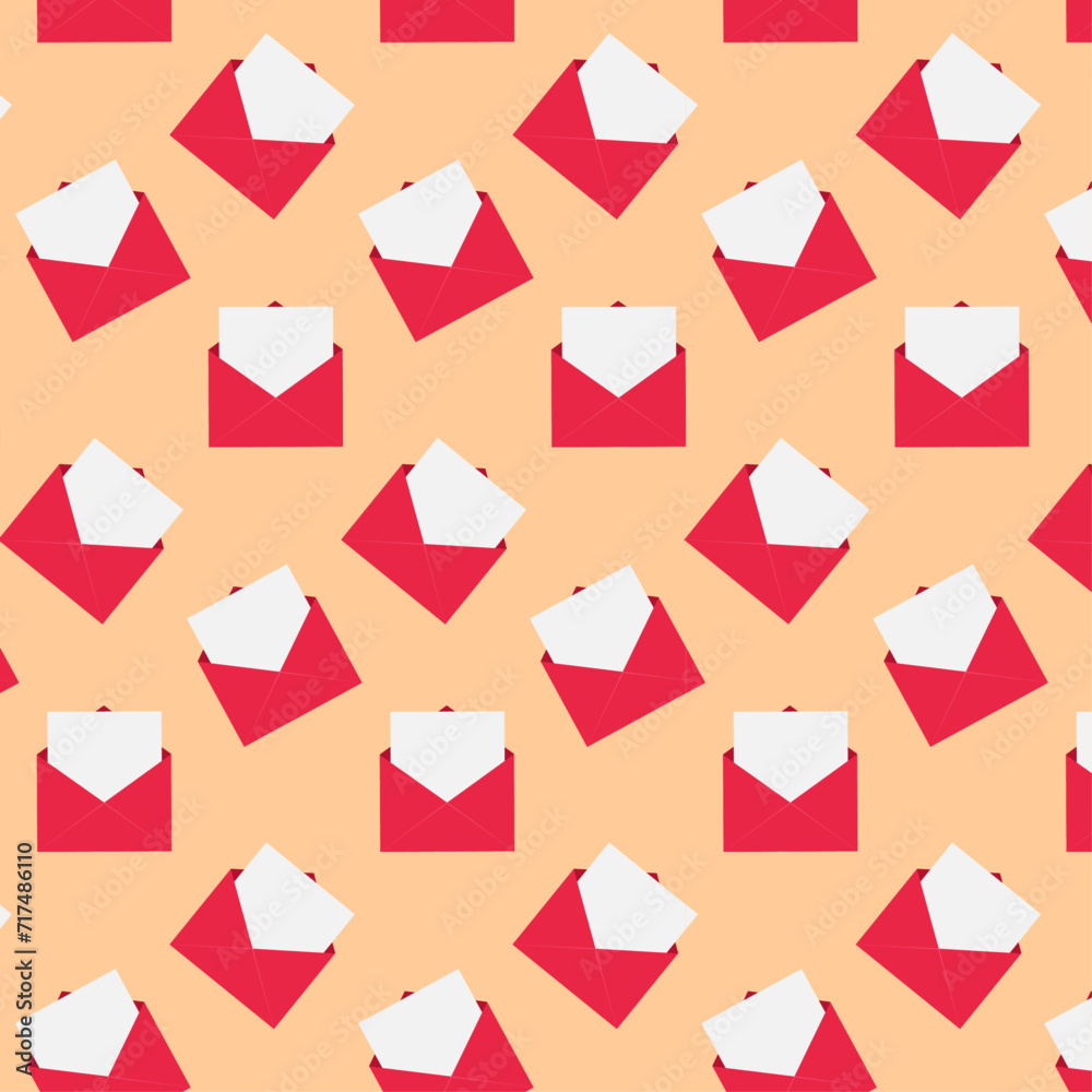 Seamless pattern for Valentine's day. Red envelope with a white sheet of paper with space for text on a peach background. Vector flat illustration for packaging and wrapping paper. Bright drawing. Seamless pattern for Valentine's day. Red envelope with a white sheet of paper with space for text on a peach background. Vector flat illustration for packaging and wrapping paper. Bright drawing.