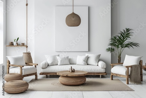 Scandinavian style armchairs and a white couch. Generative Ai.