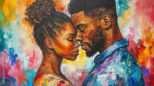 African american man and woman in love. Colorful painting.