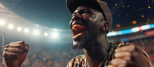 An enthusiastic African American man in a stadium enthusiastically supports and celebrates his team's victory.