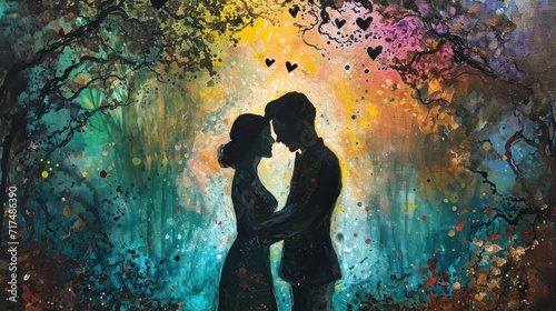 Silhouette of the bride and groom on the background of an abstract painting