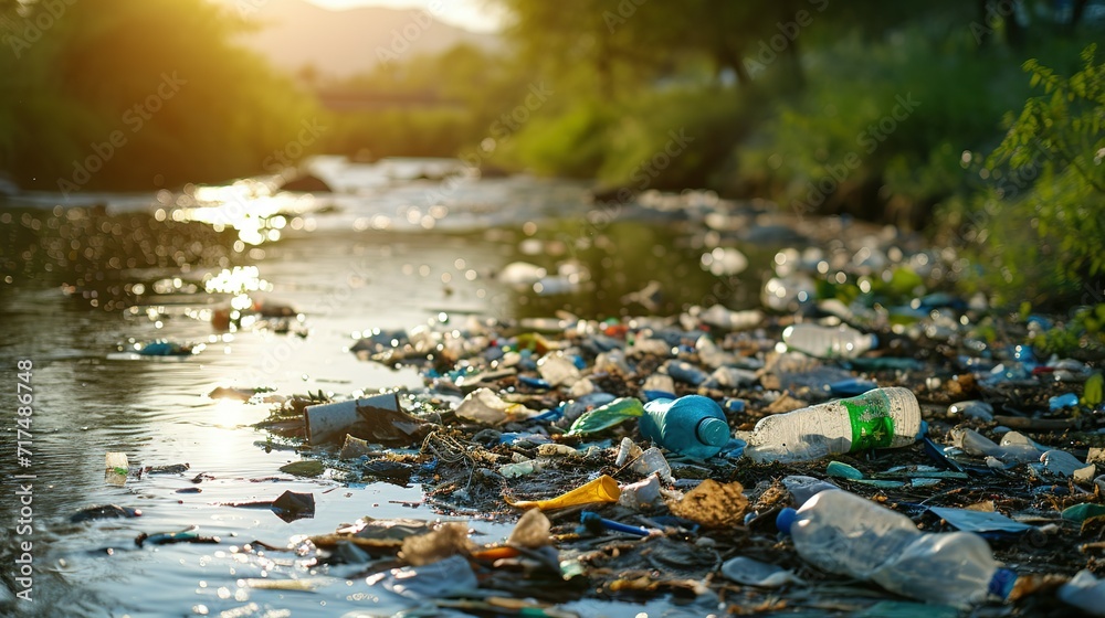 Plastic trash in the river, environment pollution and ecology concept, plastic hazards and waste