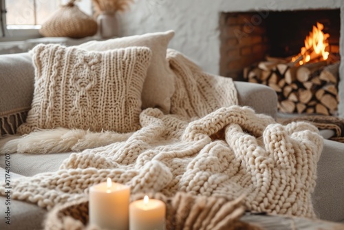 Chunky crocheted blanket in beige on a grey sofa. Generative Ai.