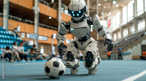 Robot playing soccer indoors during a practice training. © Jammy Jean