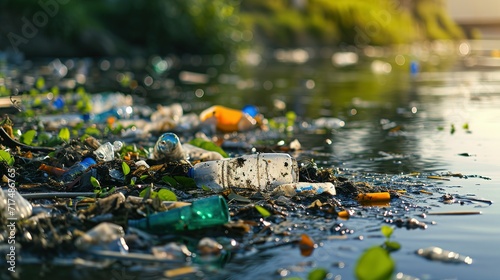 Plastic trash in the river, environment pollution and ecology concept, plastic hazards and waste