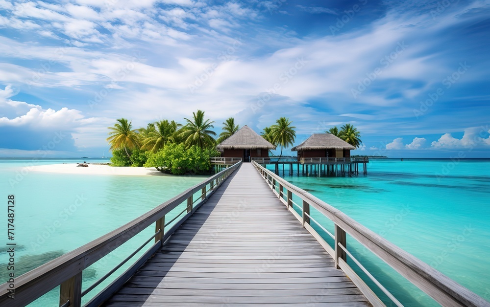 A bridge leading to a house in the middle of the beach. Generative AI A bridge leading to a house in the middle of the beach. Generative AI