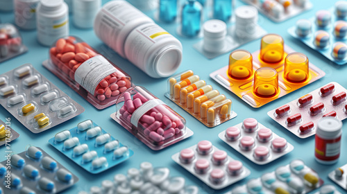 Variety of pharmaceutical packages. Pills and tablets in many kinds of plastic wraps and blister packs. photo