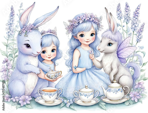 Mythical Beast Tea Party in an Enchanted Garden - Adorable Children's Storybook Illustration Gen AI photo