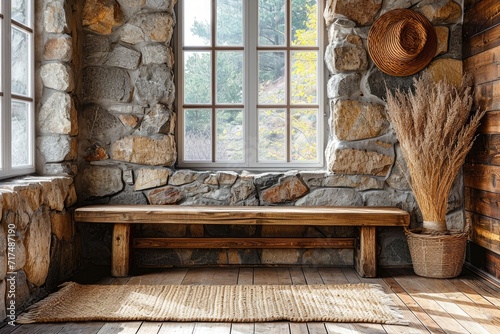 Rustic wooden seat next to a wall of natural stone cladding. Generative Ai.