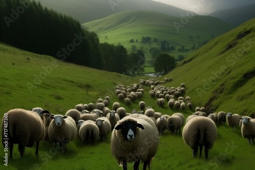 Beautiful sheep: lush wool covered meadows. Generative AI