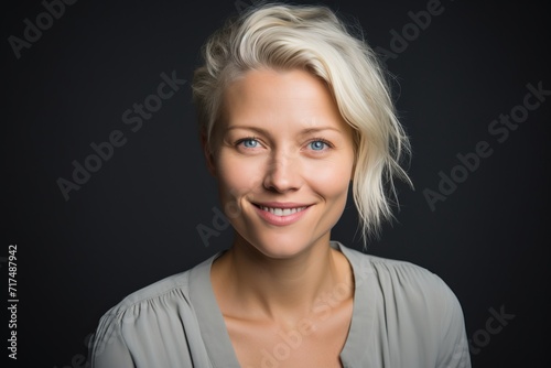 Portrait of a beautiful young blond woman on a dark background.