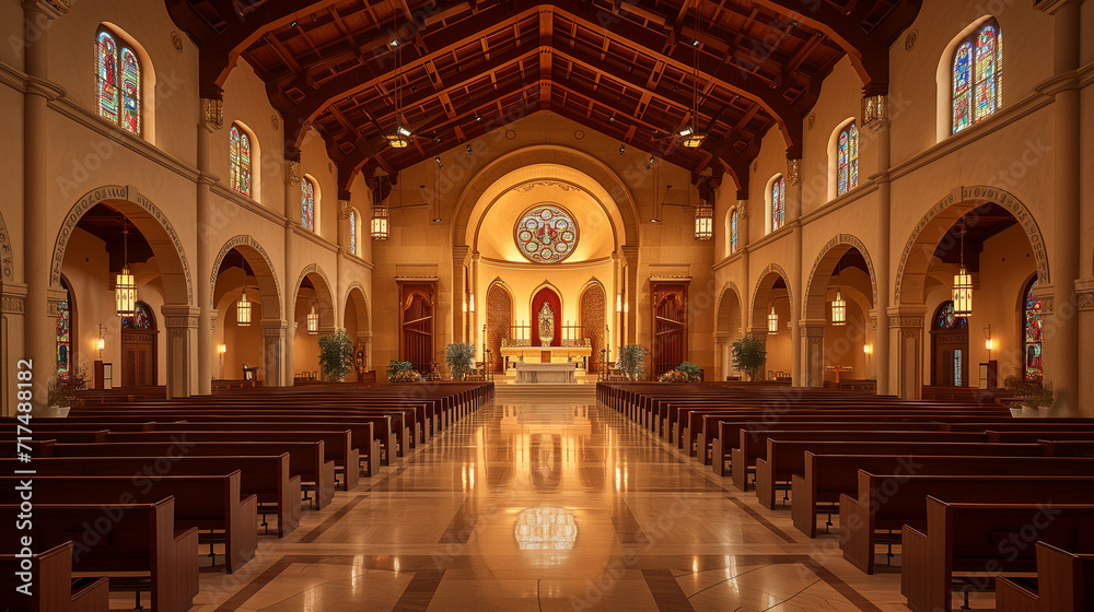 Empty interior of a church with natural light and lit front of the sanctuary.