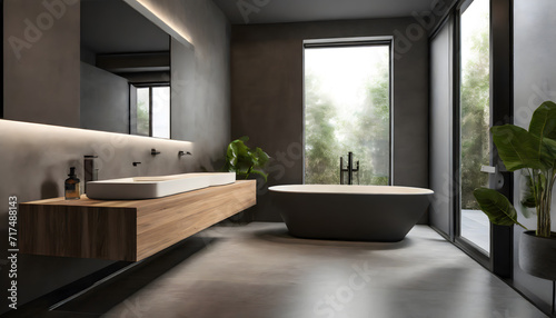 3d dark masculine bathroom with concrete walls and contemporary. Generative AI.