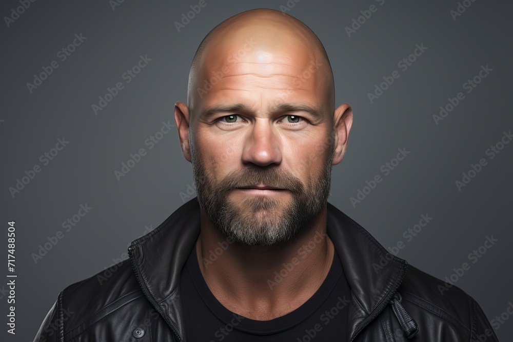 Portrait of a bald man with a beard in a black leather jacket. Portrait of a bald man with a beard in a black leather jacket.