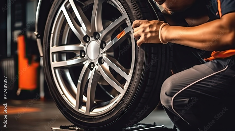 Professional mechanic changing car tyres in auto repair service center. Technician man working at auto repair service center. Changing tire shop. Repair or maintenance auto service