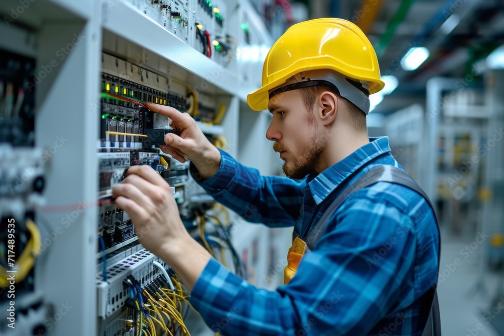Electrician engineer in hard hat tests electrical installations Electrician engineer in hard hat tests electrical installations