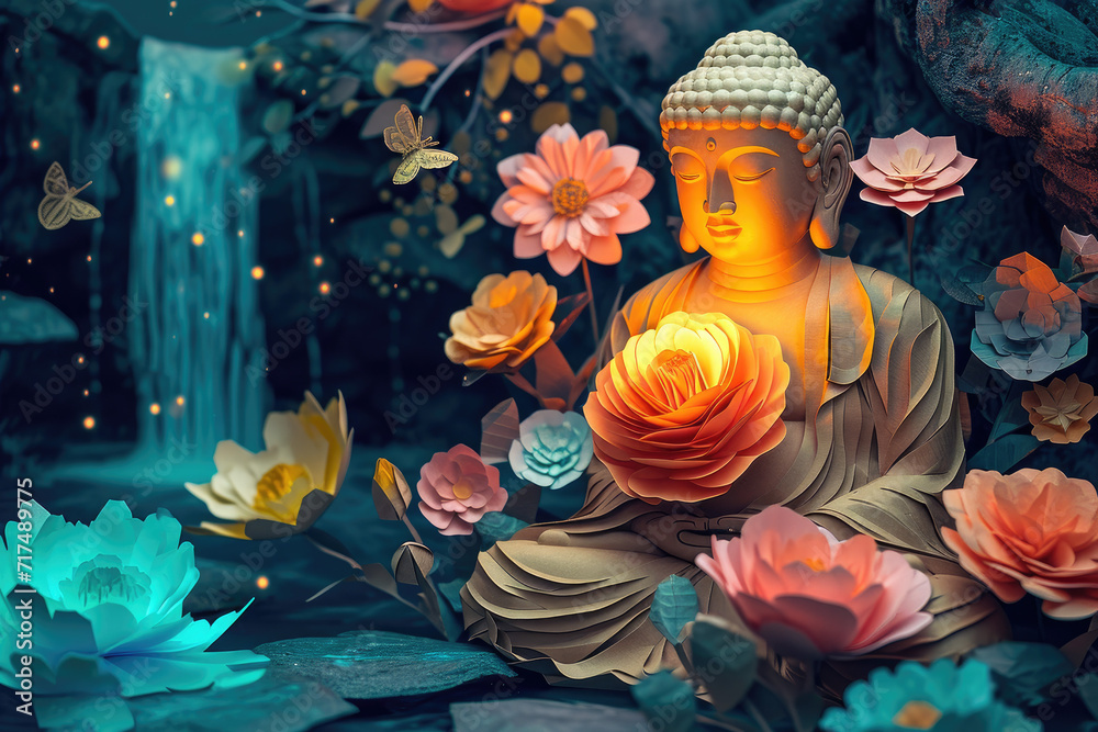 glowing golden buddha with paper cut colorful flowers, nature background, zen garden landscape with water fall