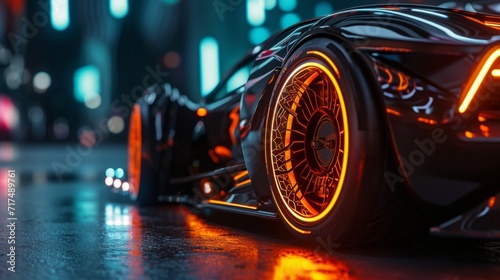 The camera zooms in on the wheels showcasing the intricate details of the custom rims and the glow of the LED lights built into them. © Justlight