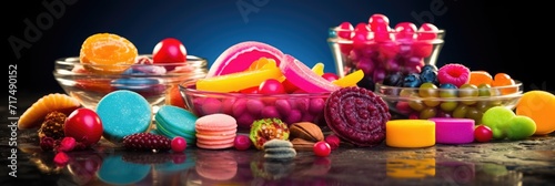 Assortment of colourful sweets, gummies and candies on dark blue background. Variety of multicolor sweet food banner. Generative AI.