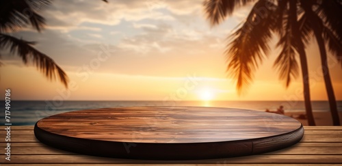 A wooden table with a view of the beach. Generative AI