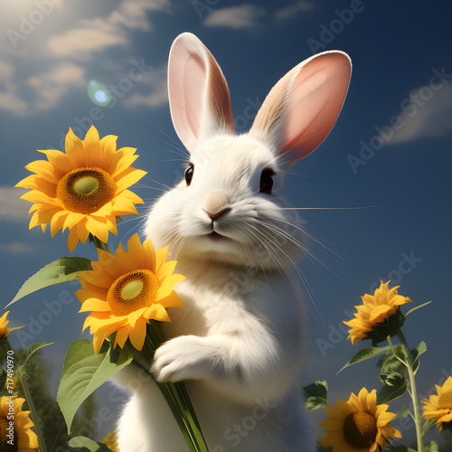 A rabbit holding a sunflower. Generative AI