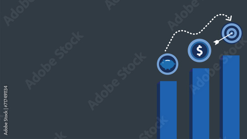 Financial target concept vector web banner design with dollar sign coin  target and arrow and piggy bank arrow icons   rising chart bars on grey background. investing and reaching money goal idea.