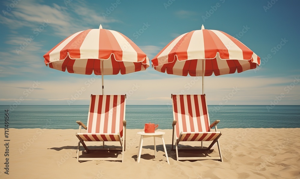 Beach chairs and umbrellas with striped patterns on the beach. Generative AI