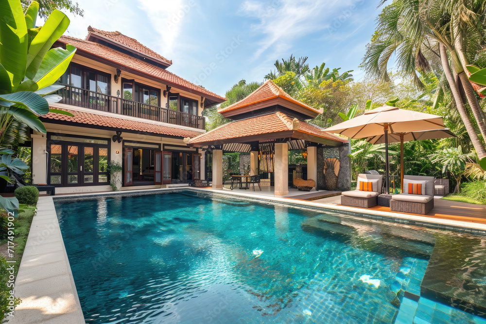 Luxurious tropical pool villa with refined architecture in a lush greenery garden