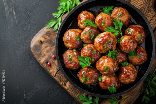 Meatballs placed on black plate with wooden background seen from above