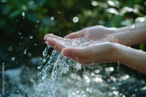 Ultra realistic photo of closeup water flow to hand of women for nature concept on the garden background. eco friendly interior concept, atmospheric, cinematic, high definition, depth of field, 8K