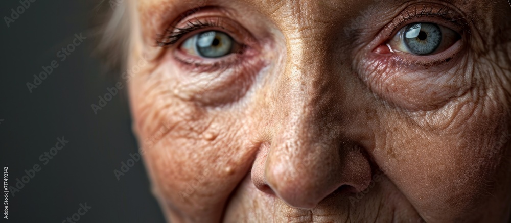 A woman's portrait portraying wrinkles, flabby skin, dark spots, blemishes, smile lines, and emphasizing health care and beauty. A woman's portrait portraying wrinkles, flabby skin, dark spots, blemishes, smile lines, and emphasizing health care and beauty.