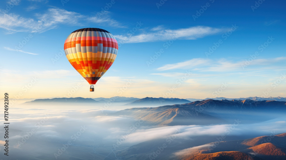 Scenic view of a colorful hot air balloon soaring above foggy mountain peaks during a serene sunrise. Scenic view of a colorful hot air balloon soaring above foggy mountain peaks during a serene sunrise.