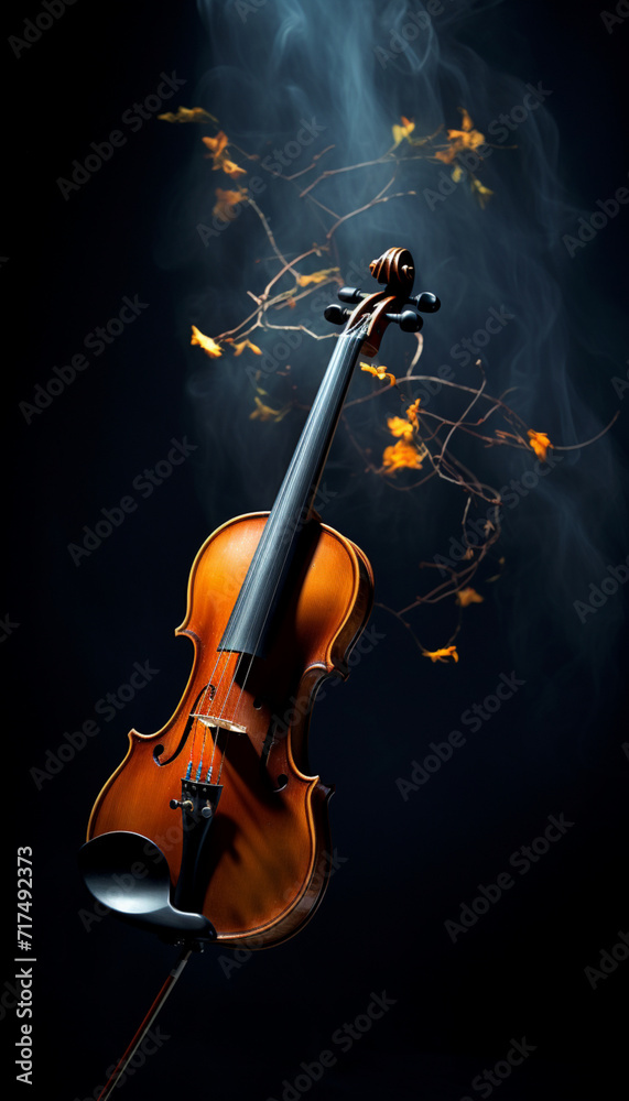 black background with a lone violin and bow Text space and a backlit violin Elegantly dressed violinist picking up a violin



