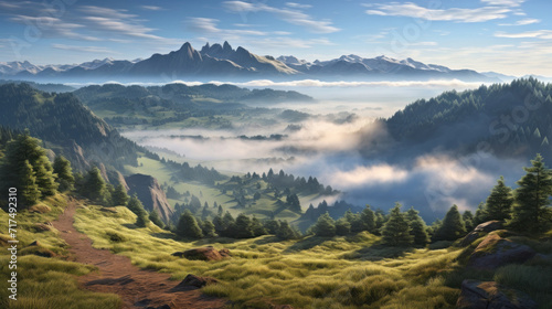 A serene mountain landscape bathed in soft morning light with mist rolling over lush valleys and peaks.