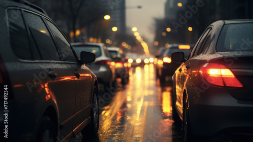 Evening traffic on a wet city street with reflections of glowing car lights on the rain-soaked road, creating a moody scene. © red_orange_stock