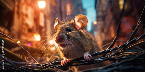 Close-up of a curious brown rat in an urban setting, illuminated by night lights, creating a mysterious atmosphere.