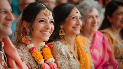 Indian bride with her parents enjoying a happy moment on her wedding day. photo