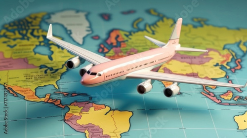 A model airplane flies over a colorful world map, symbolizing global travel, exploration, and connectivity.