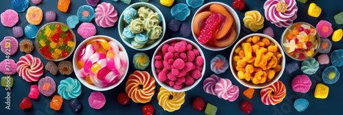Top view of colourful sweets, gummies and candies assortment on dark blue background. Variety of multicolor sweet food banner. Generative AI. photo