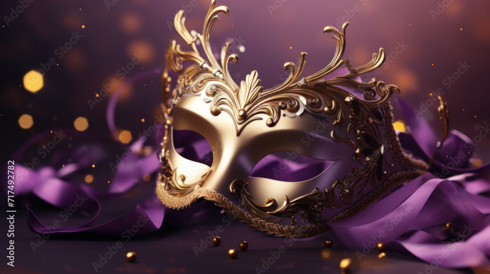 A decorative Venetian mask with intricate golden designs and purple ribbon on a dark background.