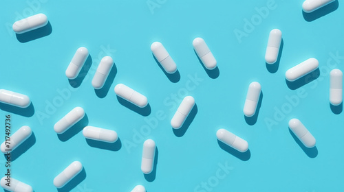 Blue and white medicinal capsules strategically placed on a matching blue background.