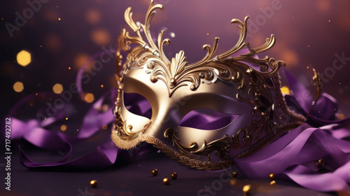 A decorative Venetian mask with intricate golden designs and purple ribbon on a dark background.