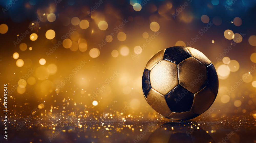 Naklejka premium A shiny soccer ball against a golden, sparkling bokeh backdrop, highlighting the glamour of the sport.