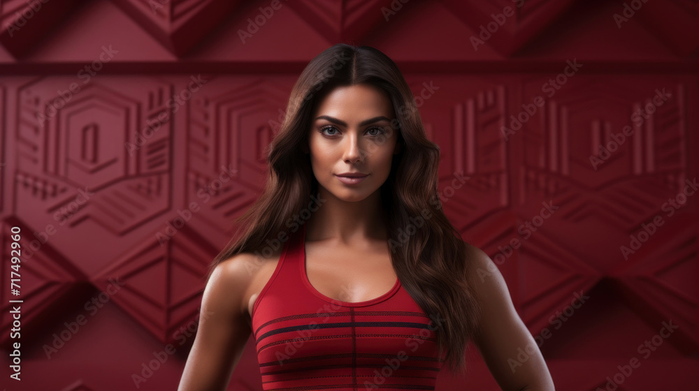 An athletic woman in red sportswear poses confidently against a geometric-patterned red backdrop. An athletic woman in red sportswear poses confidently against a geometric-patterned red backdrop.