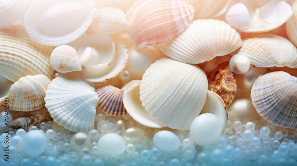 Macro photography of an assortment of seashells and pearls with a warm light gradient.